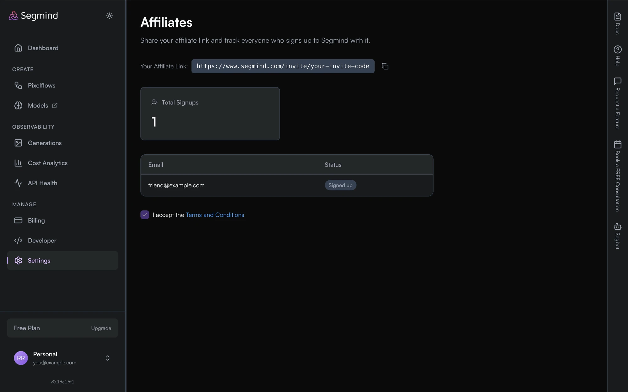 Segmind 공식 문서의 Affiliates 초대 링크 관리 화면 예시