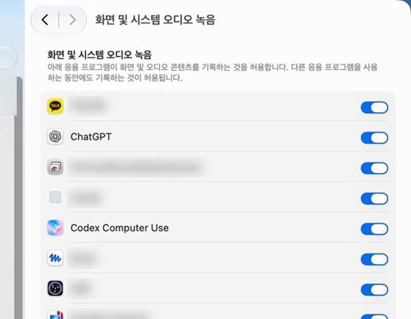 화면 및 시스템 오디오 녹음 목록의 ChatGPT와 Codex Computer Use